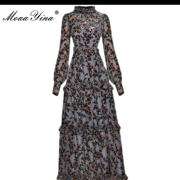 NEW!!! Mesh Dresses Women's Sleeve Flocking Print Vintage Long Party Dress - Picture 2 of 8
